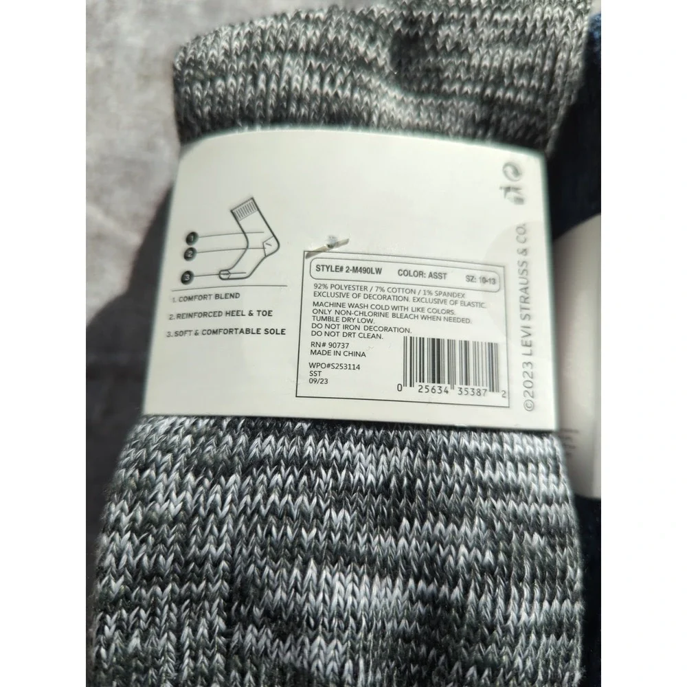 2-Levi's Mens Crew Sock Black/Blue/Gra Superior Comfort Embroidered Logo sz 8-12